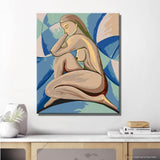 Akt Frau sitzend blau geometrisch modern DIY Kunst Deko modernes Wandbild