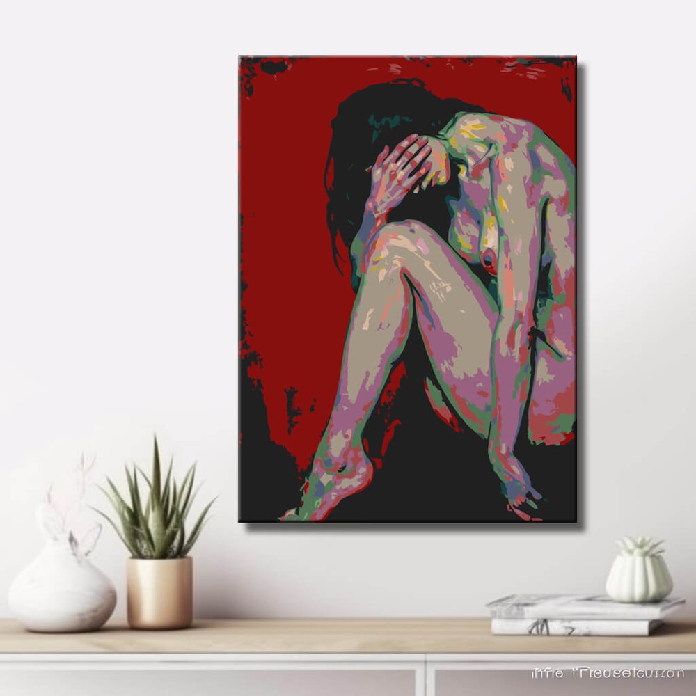 Akt Frau zusammengekauert bunt rot Hintergrund DIY Kunst Deko modernes Wandbild