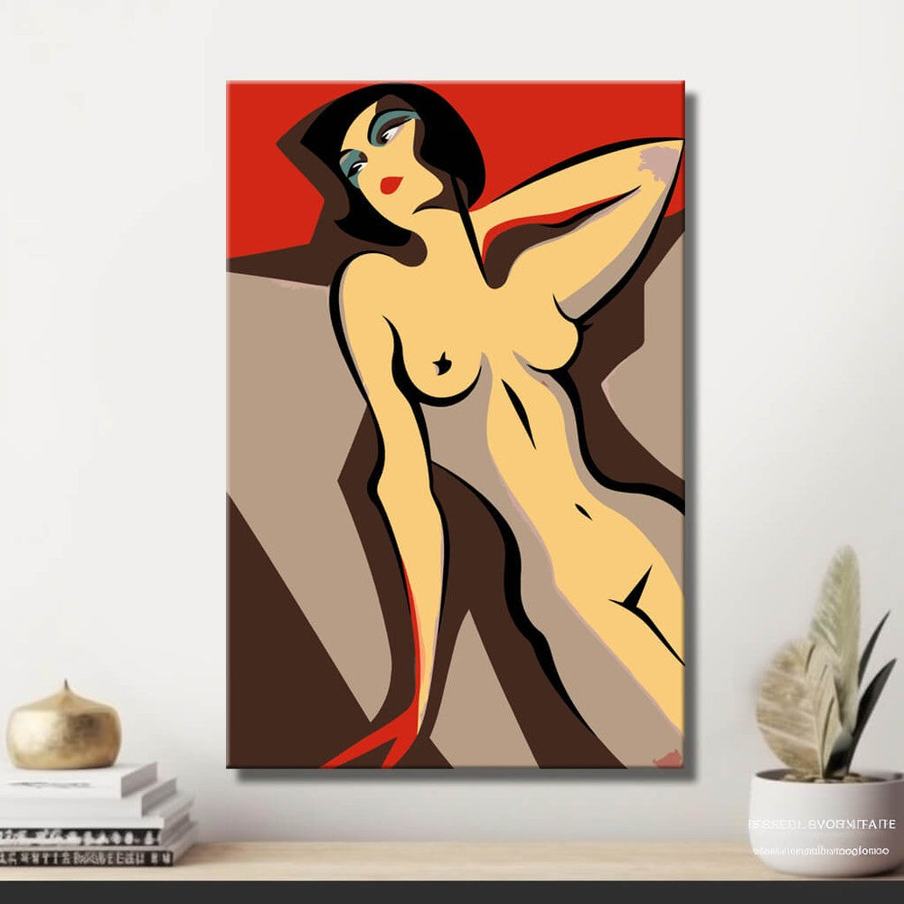 Akt Frau minimalistisch Linien rot Hintergrund DIY Kunst Deko modernes Wandbild