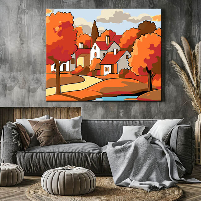 Malen nach Zahlen Kunst Illustration Farbige Häuser Wasser Reflektion