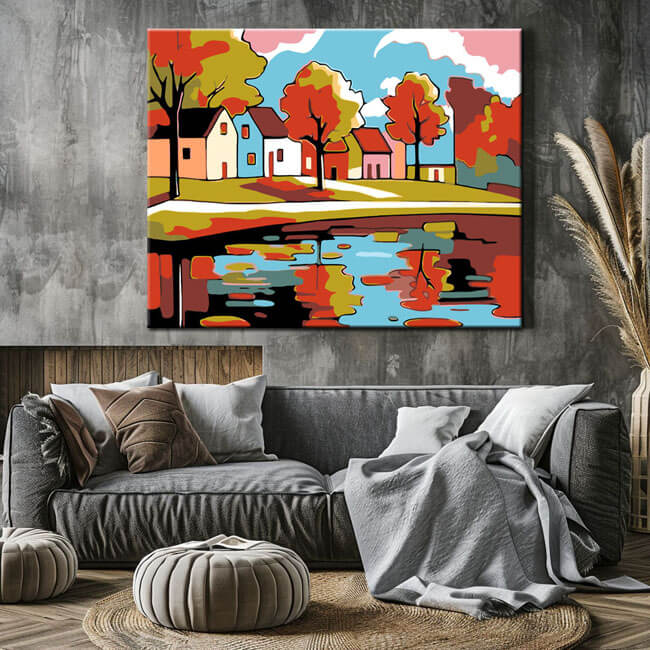 Malen nach Zahlen Kunst Illustration Herbst Bäume Reflektion im Wasser