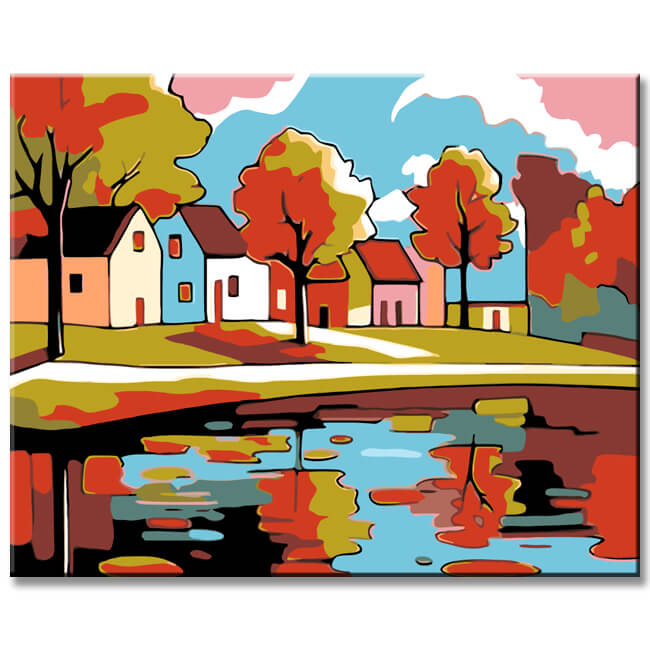 Malen nach Zahlen Kunst Illustration Herbst Bäume Reflektion im Wasser