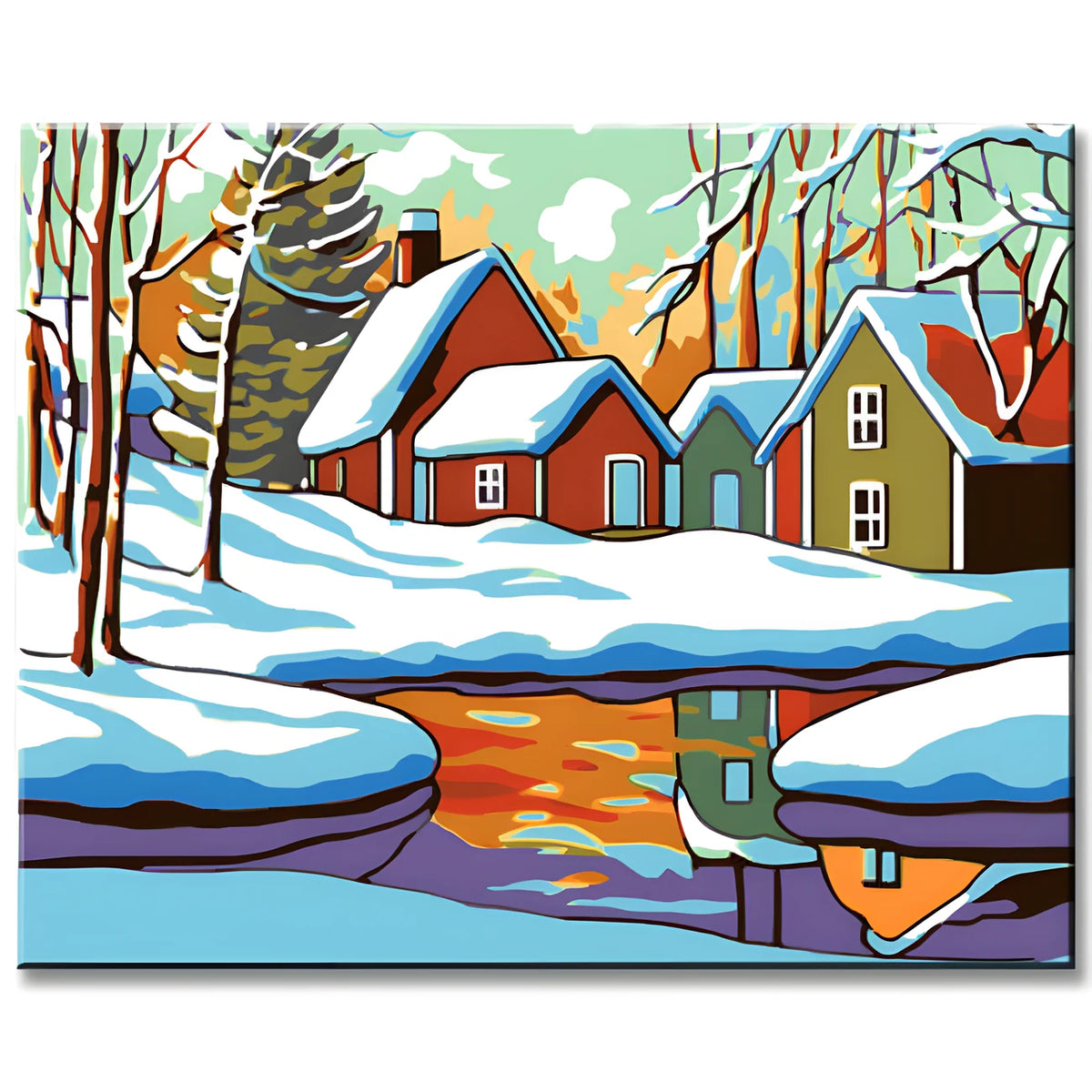 Malen nach Zahlen Kunst Illustration Winterlandschaft bunte Häuser