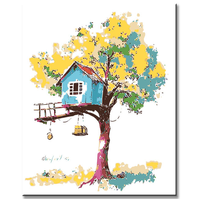 Malen nach Zahlen Kunst Illustration Blaues Baumhaus im gelben Baum