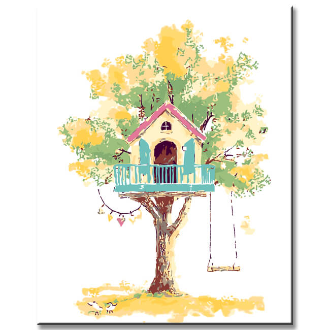 Malen nach Zahlen Kunst Illustration rosa Baumhaus mit blauem Geländer im gelben Baum