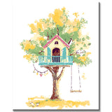 Malen nach Zahlen Kunst Illustration rosa Baumhaus mit blauem Geländer im gelben Baum