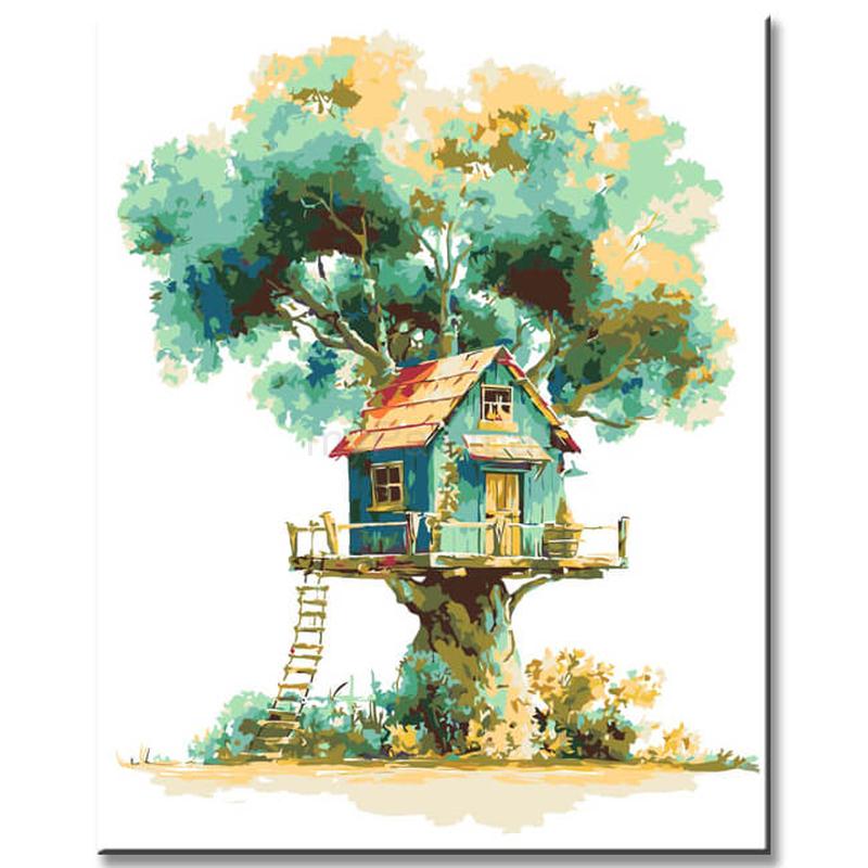 Malen nach Zahlen Kunst Illustration violetter Baum mit rotem Baumhaus