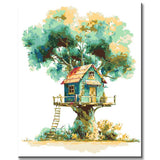 Malen nach Zahlen Kunst Illustration violetter Baum mit rotem Baumhaus
