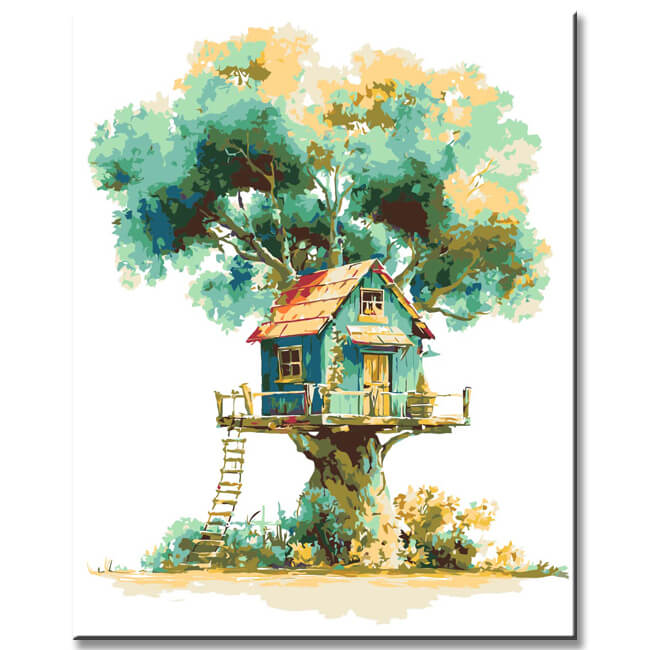 Malen nach Zahlen Kunst Illustration violetter Baum mit rotem Baumhaus