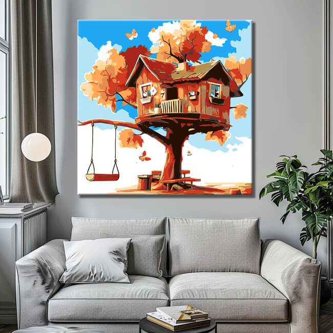 Malen nach Zahlen Kunst Illustration großes braunes Baumhaus mit Schaukel
