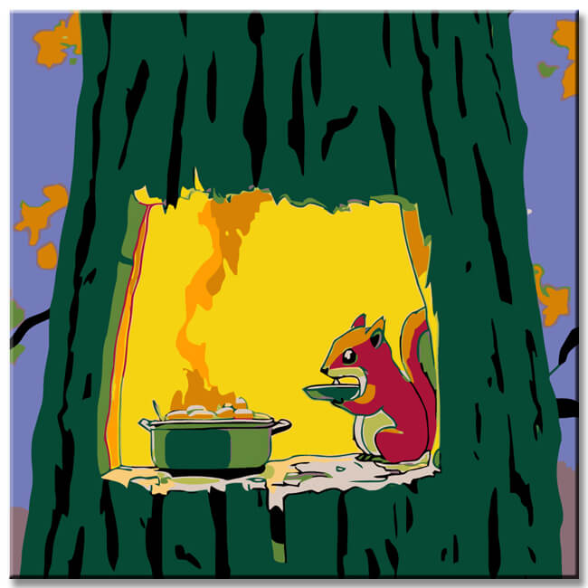 Malen nach Zahlen Kunst Illustration Eichhörnchen im Baum beim Kochen