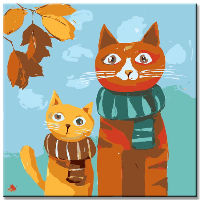 Malen nach Zahlen Kunst Illustration zwei Katzen mit Schal und Herbstblätter