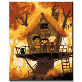 Malen nach Zahlen Kunst Illustration Halloween-Baumhaus mit Kindern
