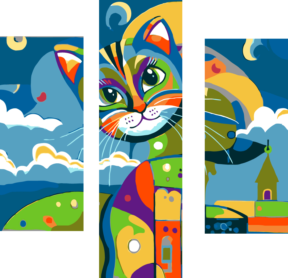 Malen nach Zahlen Kunst Illustration bunte große Katze 3-teilig
