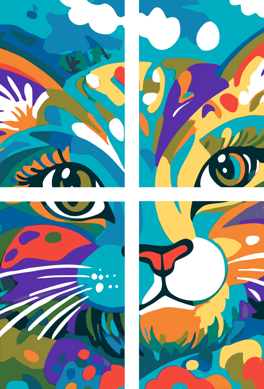 Malen nach Zahlen Kunst Illustration bunte große Katze 4-teilig