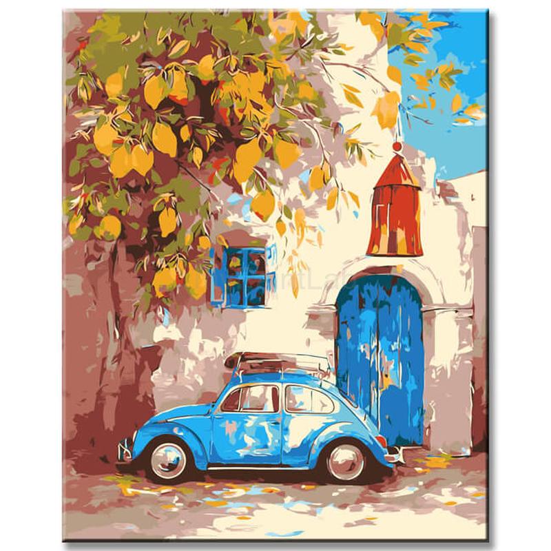 Malen nach Zahlen Kunst Illustration Steinvase mit Obst und Auto