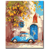 Malen nach Zahlen Kunst Illustration Steinvase mit Obst und Auto