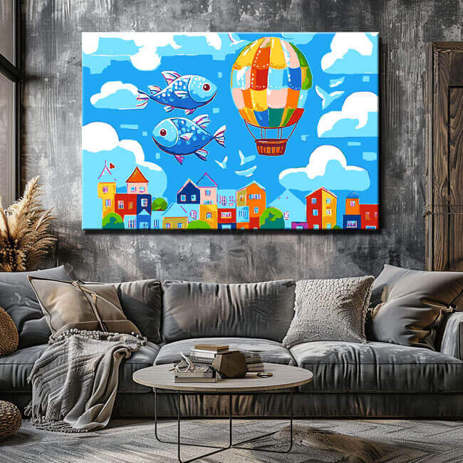 Malen nach Zahlen Kunst Illustration Kreativ Fische und Heißluftballon über der Stadt