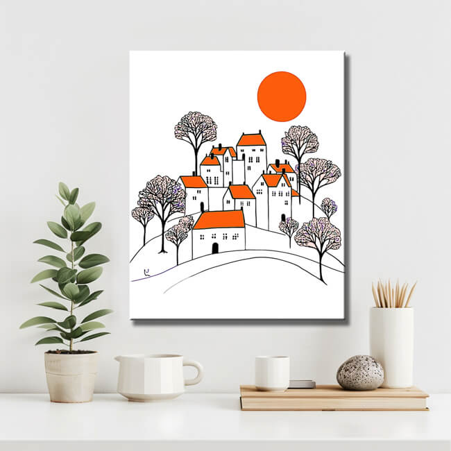 Malen nach Zahlen Kunst Illustration weiße Häuser mit orangenem Dach und schwarze Bäume