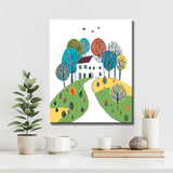Malen nach Zahlen Kunst Illustration weißes Haus in der Landschaft mit bunten Bäumen
