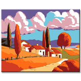 Malen nach Zahlen Kunst Illustration Landschaft mit Bergen und Bäumen