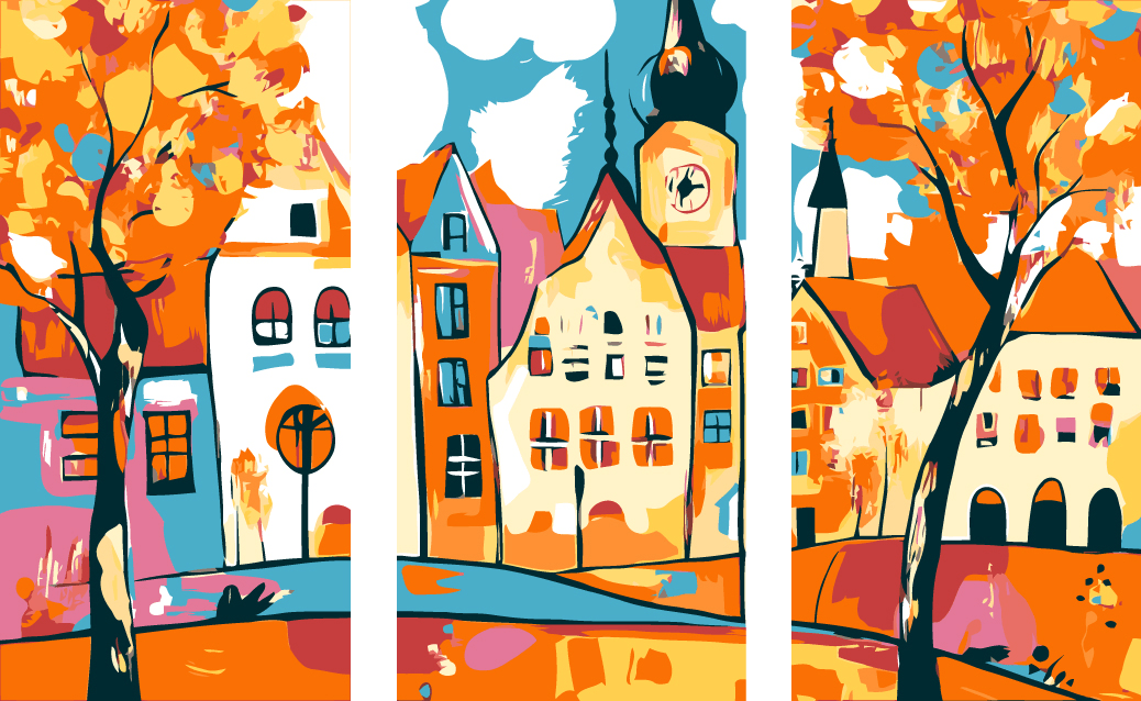 Malen nach Zahlen Folkart Illustration Stadtansichten 3-teilig