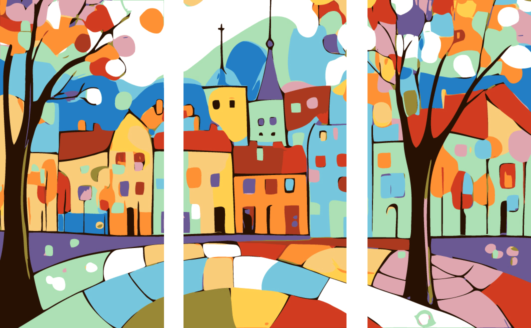 Malen nach Zahlen Folkart Illustration Stadt Land 3-teilig