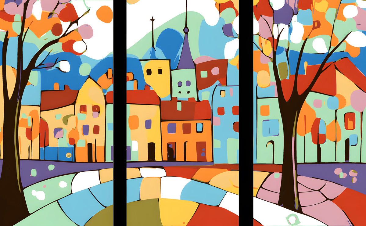 Malen nach Zahlen Folkart Illustration Stadt Land 3-teilig