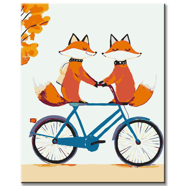 Malen nach Zahlen Tiere Zwei Füchse auf dem Fahrrad