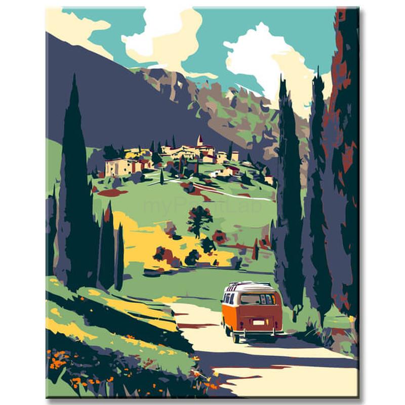 Malen nach Zahlen Kunst Landschaft Auto fährt einen Weg entlang