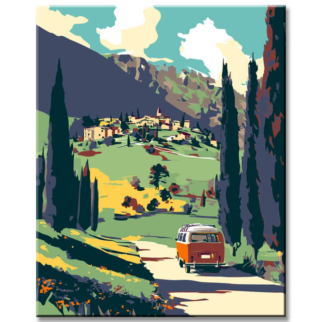 Malen nach Zahlen Kunst Landschaft Auto fährt einen Weg entlang