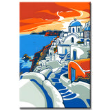 Malen nach Zahlen Santorini mit weißen Häusern und blauen Dächern
