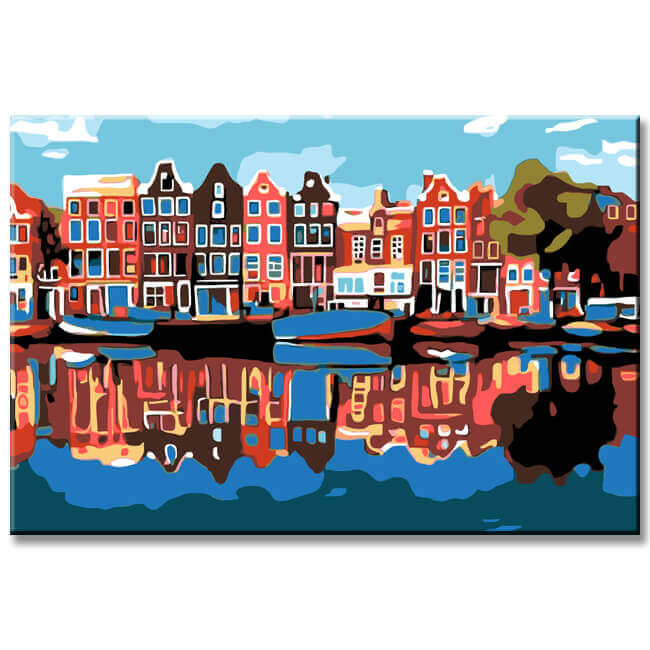 Malen nach Zahlen Kunst Landschaft Häuser die sich im Wasser spiegeln