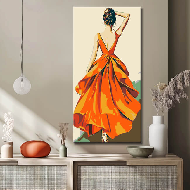 Malen nach Zahlen Kunst Frau mit großem Orangenen Rock