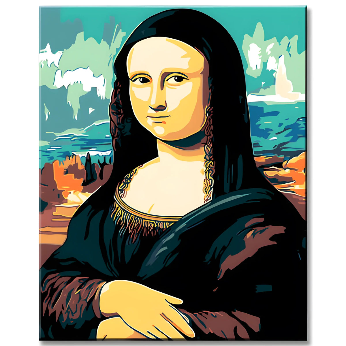 Malen nach Zahlen Kunst Mona Lisa mit Landschaftshintergrund