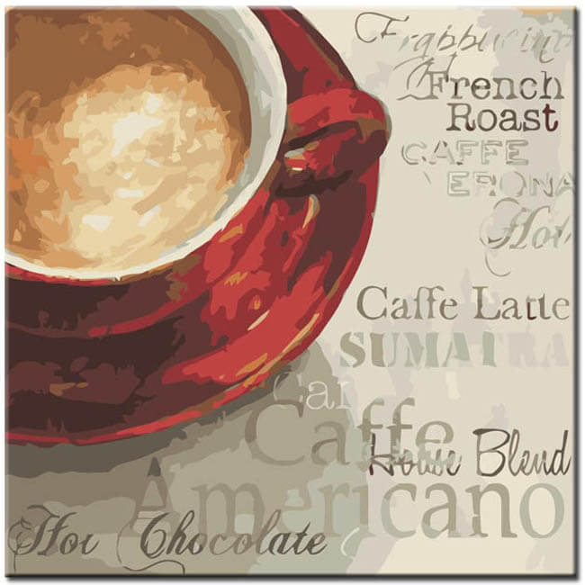 Malen nach Zahlen Kunst Lifestyle Rote Kaffeetasse auf Unterlage mit verschiedenen Begriffen