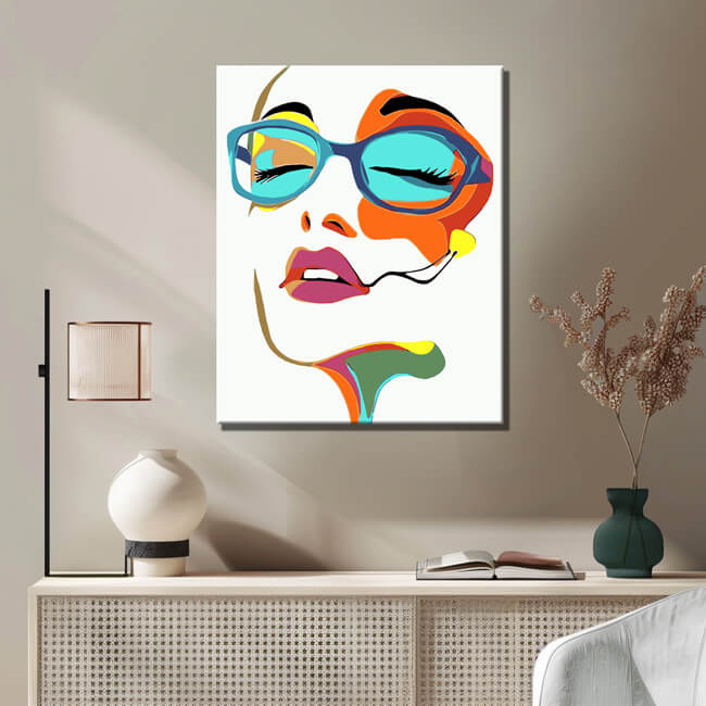 Malen nach Zahlen Kunst Lifestyle weißes Gesicht mit farbigen Augen, Mund und Nase und blauer Brille