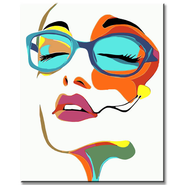 Malen nach Zahlen Kunst Lifestyle weißes Gesicht mit farbigen Augen, Mund und Nase und blauer Brille
