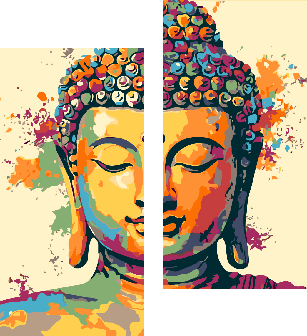 Malen nach Zahlen Kunst Lifestyle goldener Buddha mit Farbspritzern 2-teilig