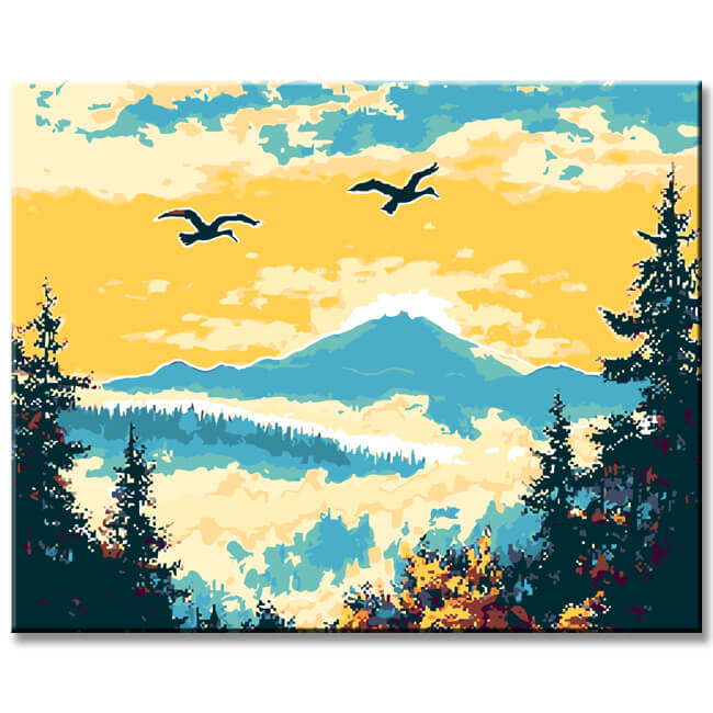 Malen nach Zahlen Kunst Natur Gänse fliegen im Sonnenaufgang über die Berge