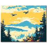 Malen nach Zahlen Kunst Natur Gänse fliegen im Sonnenaufgang über die Berge