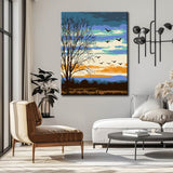 Malen nach Zahlen Kunst Natur Gänse fliegen im Winterhimmel über die kahlen Bäume