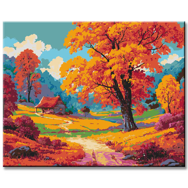 Malen nach Zahlen Herbstbäume und See