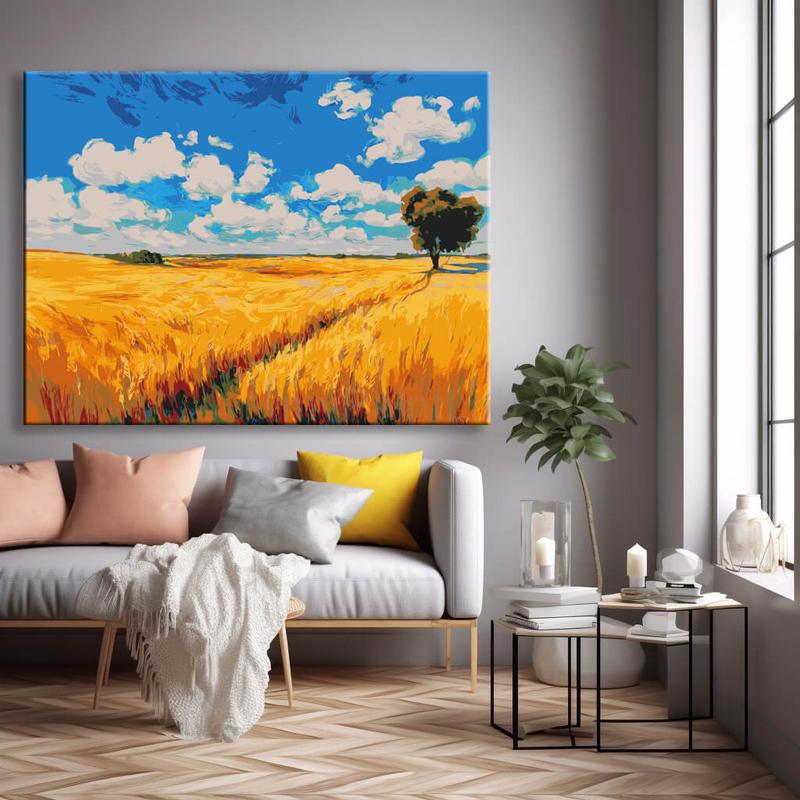 Malen nach Zahlen Kunst Natur Ein Herbstfarbenes Feld mit Wolken