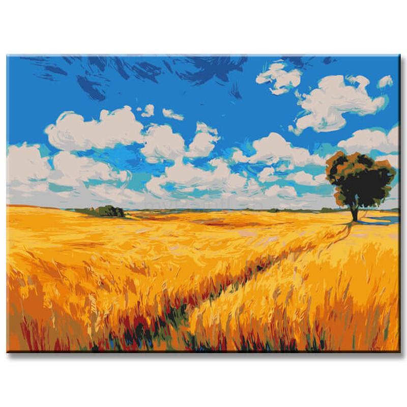 Malen nach Zahlen Kunst Natur Ein Herbstfarbenes Feld mit Wolken