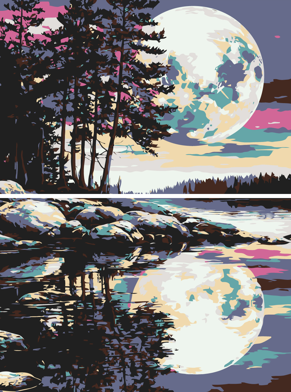 Malen nach Zahlen Kunst Natur Vollmond spiegelt sich im Wasser