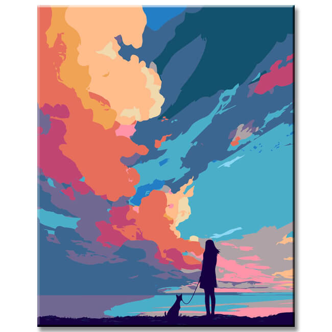 Malen nach Zahlen Kunst Natur Mädchen mit Hund und exotischen Wolken