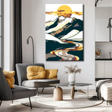 Malen nach Zahlen Kunst Natur goldene Sonne hinter weißem Berg mit silber-goldenen Fluß