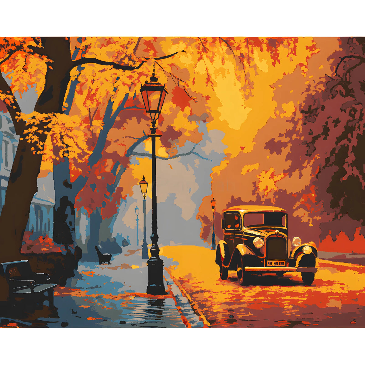 Malen nach Zahlen Herbst Stadt mit Oldtimer