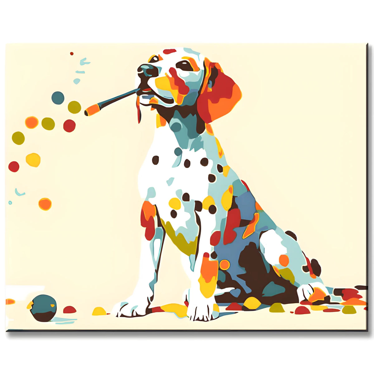 Malen nach Zahlen Kunst Weisser Hund mit bunten Punkten II